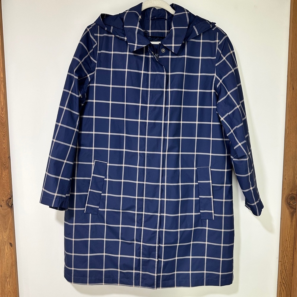 Lands End Insulated Rain Coat Womens Large Petite Navy Windowpane Hooded